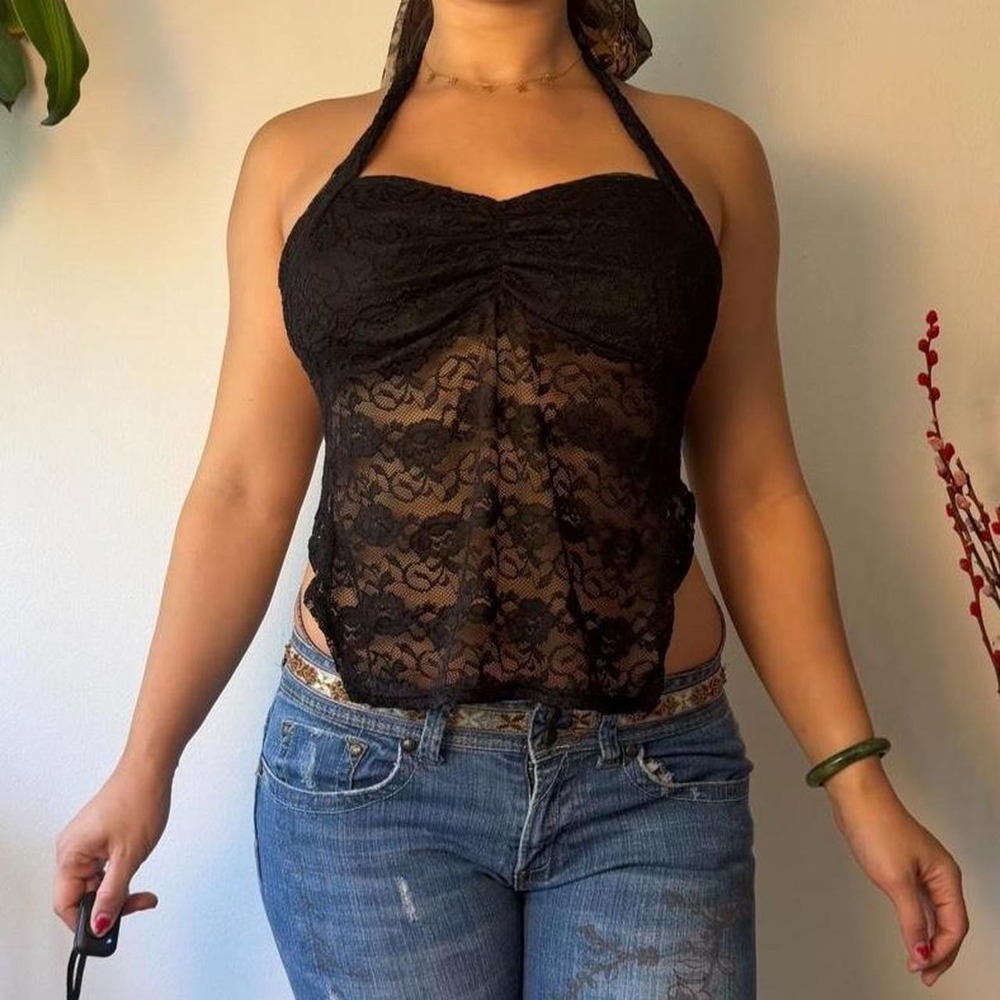 SHEIN Black Lace Open Back Halter Top Whimsygoth Fairy Grunge Medium